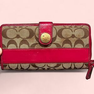 Coach Dark Pink Leather Brown Canvas Long Wallet